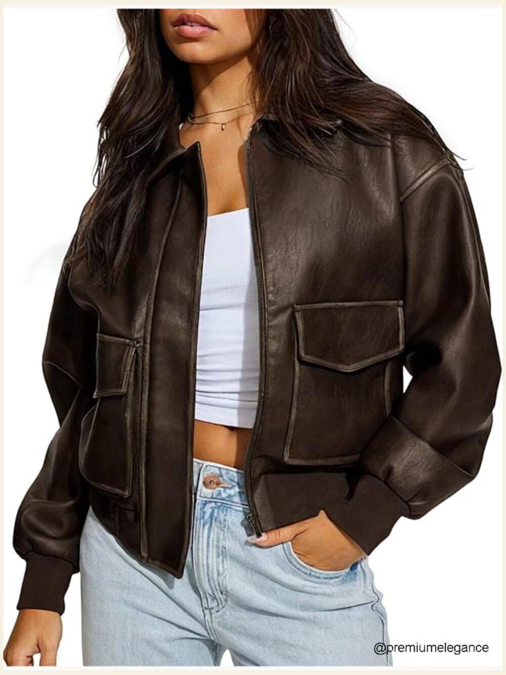 Oversized Faux Leather Motorcycle Jacket, Bomber Style, Zip Front, Long Sleeve